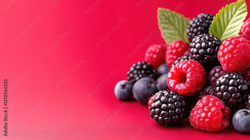 Fresh raspberries, blackberries, blueberries on red background; healthy food banner Fresh raspberries, blackberries, blueberries on red background; healthy food banner