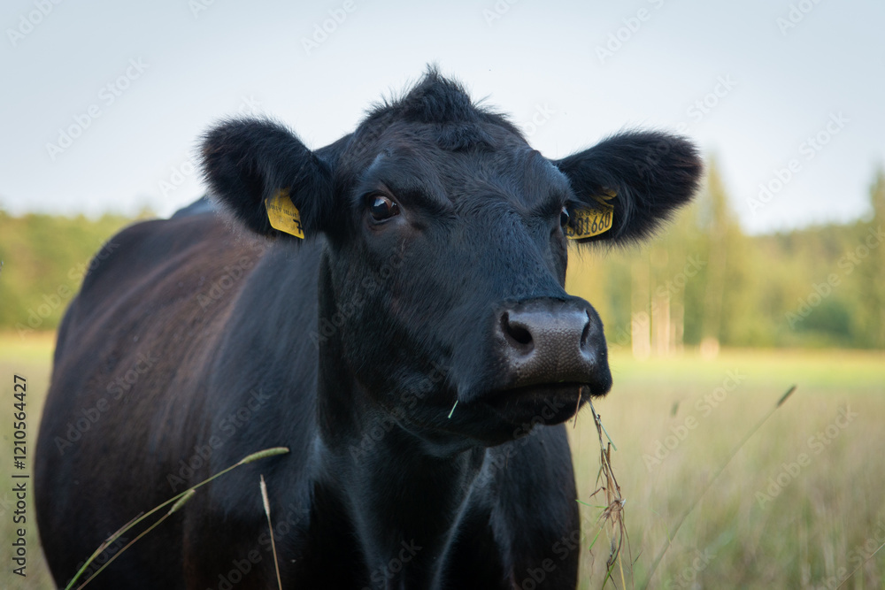 Black angus cow portrait summer day in sunshine. Cow face close up Black angus cow portrait summer day in sunshine. Cow face close up