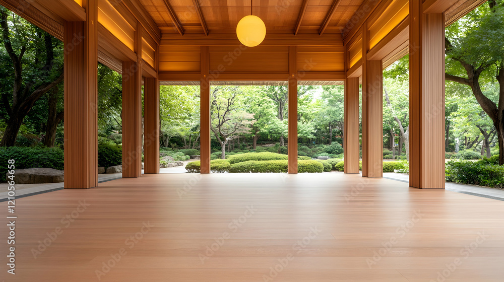 Obraz premium Tranquil wooden pavilion garden view, peaceful outdoor space, Japanese-style architecture, perfect for relaxation