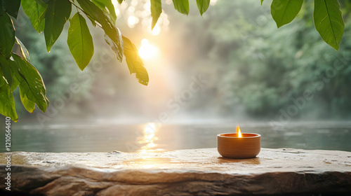 Tranquil sunrise, candlelit riverside rock, misty jungle background; perfect for relaxation, wellness, or spa marketing photo