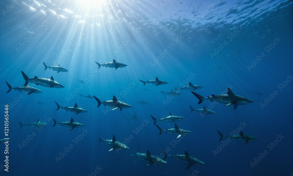 Obraz premium A captivating underwater scene showcases a school of sharks gracefully gliding through crystal-clear waters. Sunlight filters through the depths, casting a majestic glow on their highly de