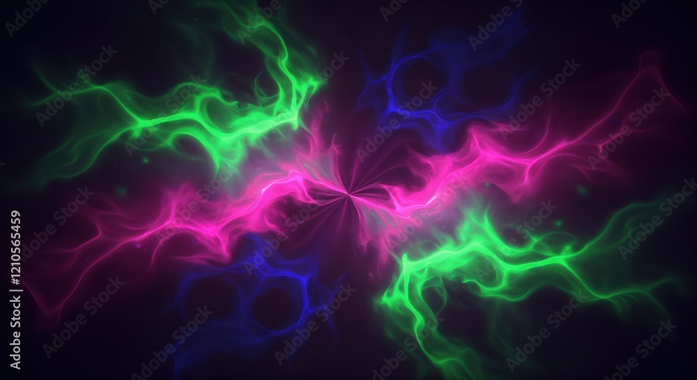 Obraz premium Vibrant abstract energy with neon green, pink, and blue swirls on dark background