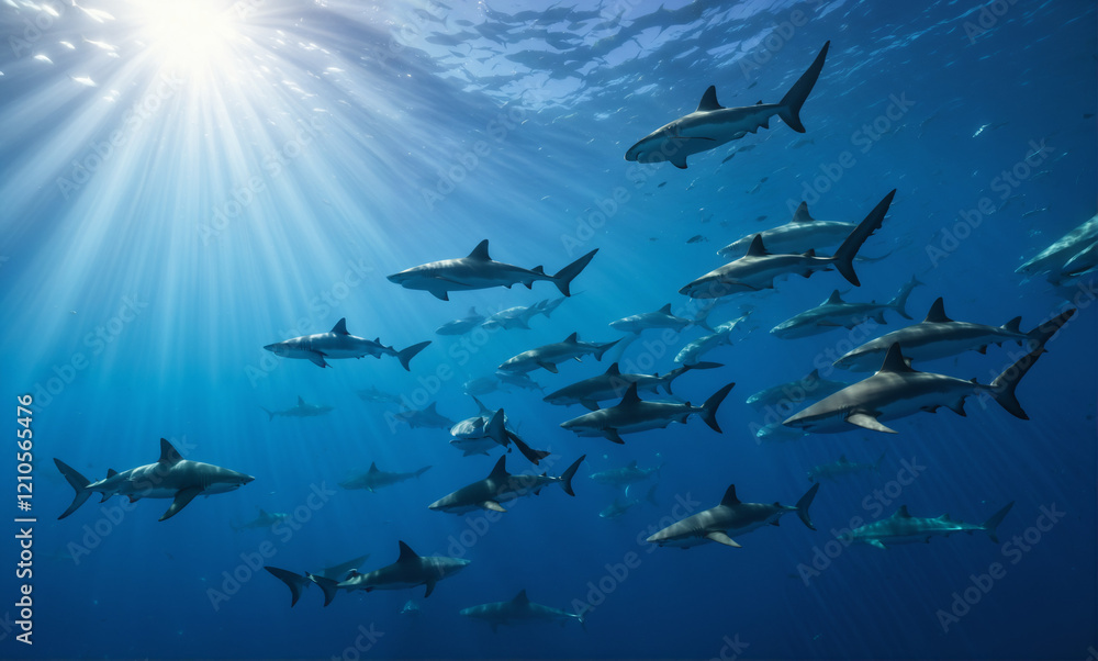 A captivating underwater scene showcases a school of sharks gracefully gliding through crystal-clear waters. Sunlight filters through the depths, casting a majestic glow on their highly de A captivating underwater scene showcases a school of sharks gracefully gliding through crystal-clear waters. Sunlight filters through the depths, casting a majestic glow on their highly de