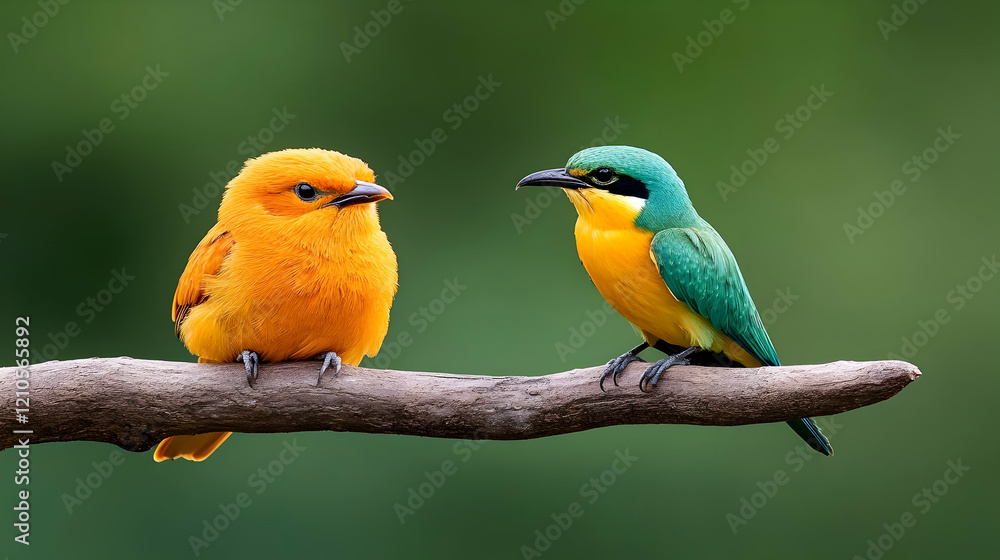 Two vibrant tropical birds perched on a branch, rainforest background, nature wildlife photography for websites, blogs, and social media Two vibrant tropical birds perched on a branch, rainforest background, nature wildlife photography for websites, blogs, and social media