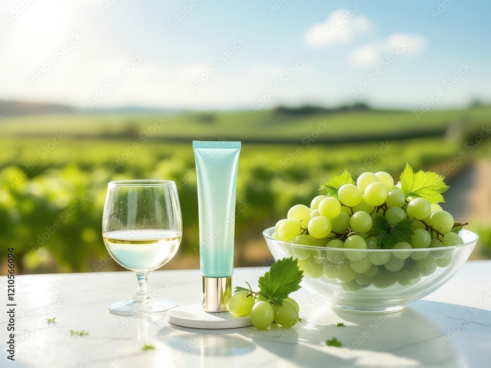 Skincare cream with white wine and grapes in scenic vineyard setting Skincare cream with white wine and grapes in scenic vineyard setting