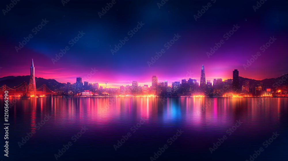 Fototapeta premium Vibrant city skyline at night, reflected in calm water, background hills, ideal for travel brochures