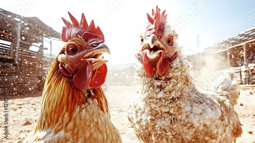 Roosters squawking on farm, dusty background, agriculture photo