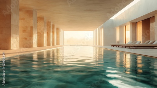 Modern spa interior featuring a tranquil swimming pool and elegant arches in ...
