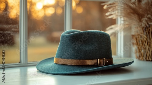 Green felt hat resting on a table with natural light illuminating the scene a...