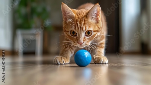 Cat playing with orange ball on wooden floor in a sunlit room