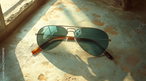 Stylish aviator sunglasses with blue reflective lenses on a dark background