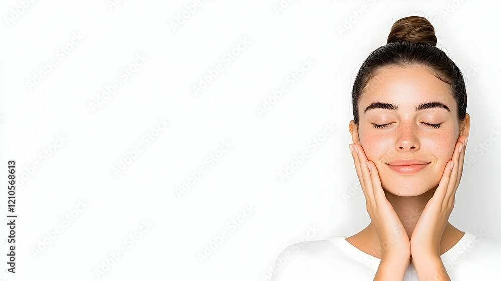 Woman, serene face, white background, skincare ad Woman, serene face, white background, skincare ad
