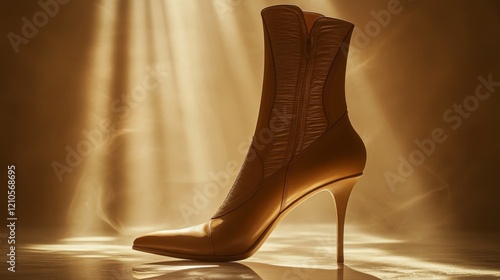 Elegant black high-heeled ankle boot showcasing unique design in dramatic lig...