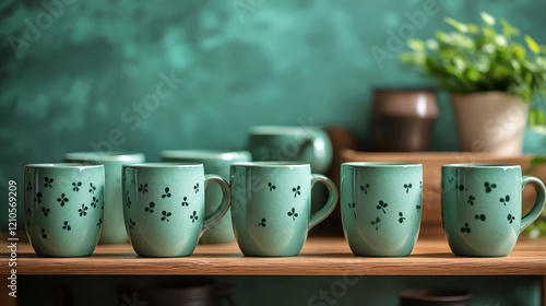 Crafted ceramic mugs arranged neatly on a wooden shelf with a green backdrop ...
