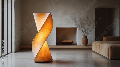 Modern interior design with a unique spiral lamp and minimalist decor in a br...