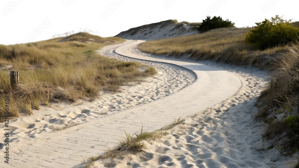 A winding sandy path through a grassy dune landscape. A winding sandy path through a grassy dune landscape.