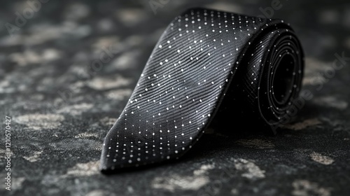 Elegant black tie with white dots resting on a matching fabric background