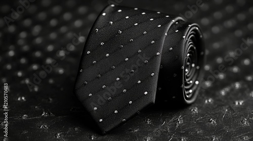 Elegant black tie with white dots resting on a matching fabric background