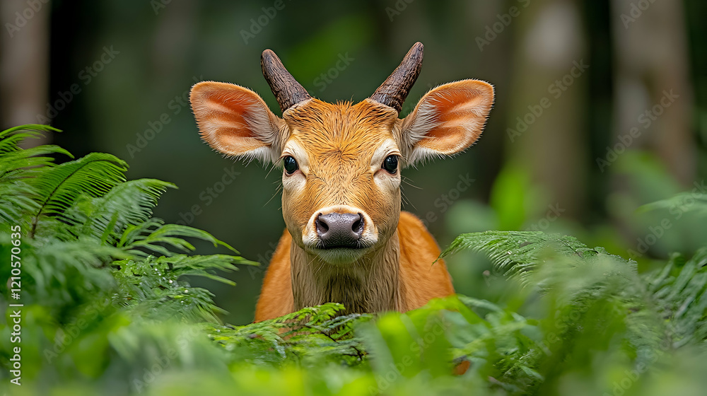 Young banteng calf peering from lush green rainforest foliage. Wildlife conservation poster Young banteng calf peering from lush green rainforest foliage. Wildlife conservation poster