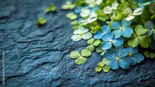 Fresh green clover leaves scattered on a dark surface in natural light