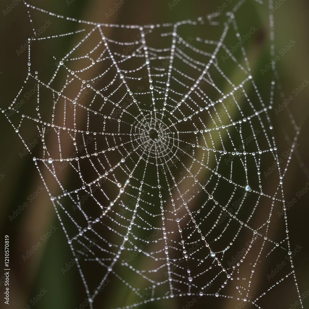 Fototapeta premium Intricate dew-covered spider web against blurred green background