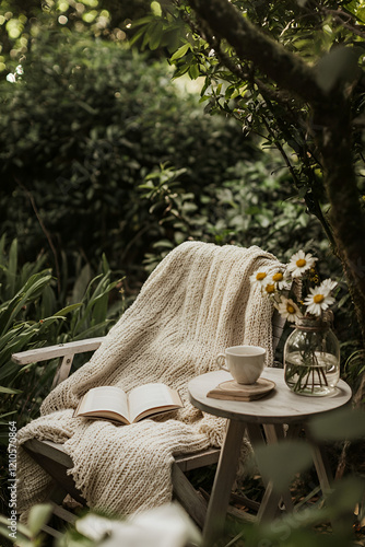 Peaceful outdoor reading nook with a cozy knit blanket, a book, and a warm drink.