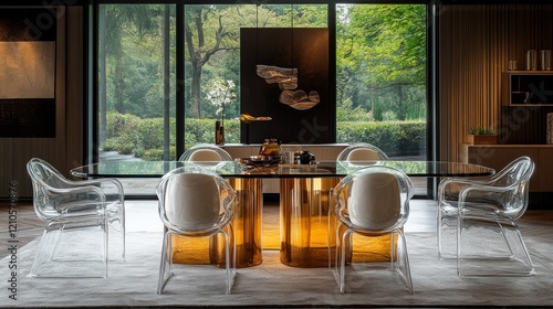 Modern dining area featuring transparent chairs and a glass table in a stylis...