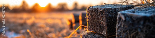 Frost-Covered Hay Bales at Sunset photo