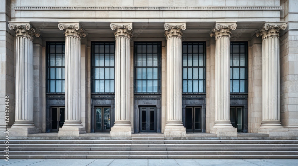 Classical building facade with six columns, large windows, and steps. Classical building facade with six columns, large windows, and steps.