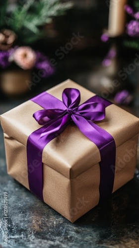 Beautifully wrapped gift with purple ribbon on a soft background