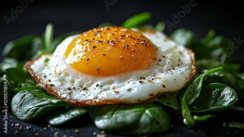 Freshly cooked egg on a bed of spinach with seasoning placed on a rustic plate