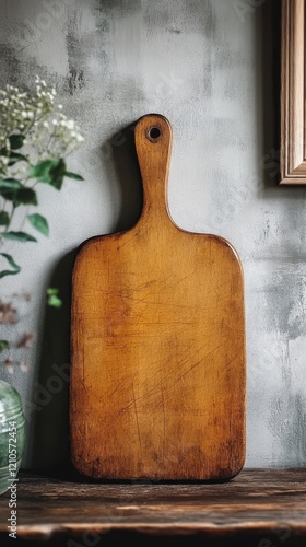 Wooden cutting board on a linen cloth placed on a rustic table by a window in...