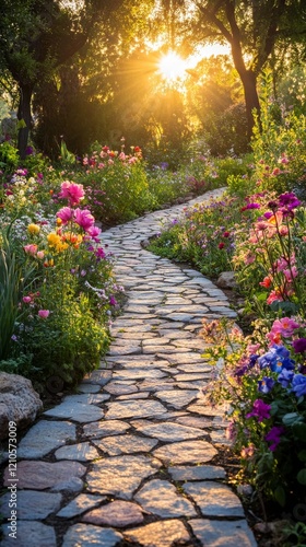 Colorful flower garden path illuminated by warm sunlight during a serene even...