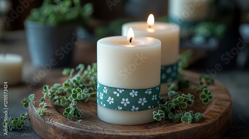 Elegant candle with shamrock design placed on wooden tray in cozy interior space