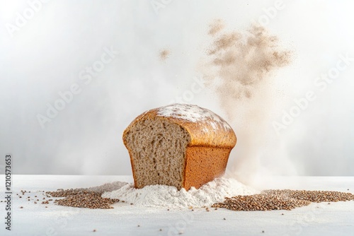 commercial photography for advertising campaign featuring fresh loaf of whole-grain bread surrounded by scattered seeds