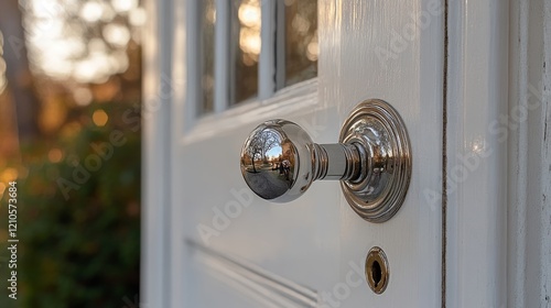 Close-up view of a shiny door knob on a blue painted door highlighting intric...