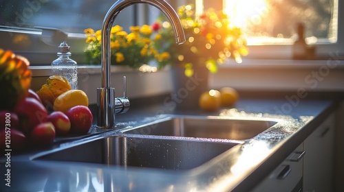 Colorful fruits in a kitchen sink area with modern design and elegant counter...