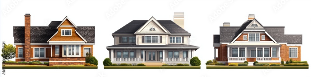 A collection of three distinct Shingle style house designs showcasing different architectural styles. The first house features a brick exterior with a chimney, the second has a classic look. A collection of three distinct Shingle style house designs showcasing different architectural styles. The first house features a brick exterior with a chimney, the second has a classic look.
