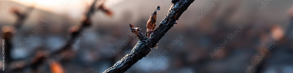 Charred Branch with Buds in Burned Landscape Charred Branch with Buds in Burned Landscape