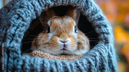 Cute rabbit peeking out from cozy knitted gray tunnel in warm indoor setting ...