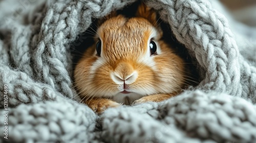 Cute rabbit peeking out from cozy knitted gray tunnel in warm indoor setting ...