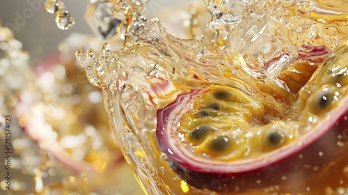 Passion fruit splashing in juice, close-up shot photo