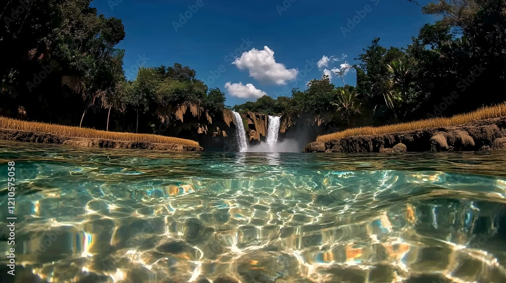 Obraz premium Tropical waterfall plunging into crystal-clear pool; lush vegetation, sunny sky. Perfect for travel brochures