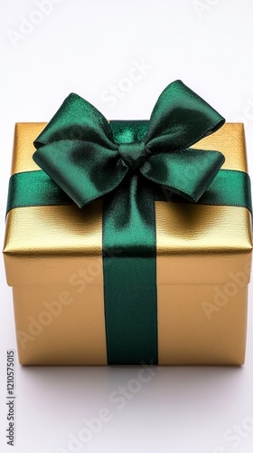 Gift box wrapped in gold with a dark green ribbon and bow on a light surface