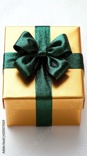 Gift box wrapped in gold with a dark green ribbon and bow on a light surface
