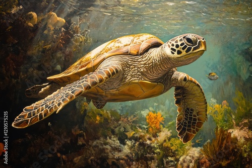 Green sea turtle swims gracefully through vibrant coral reef in clear ocean w...
