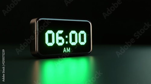 Sleek digital alarm clock displays bright neon green digits at 06:00 AM with polished black frame in a modern setting photo