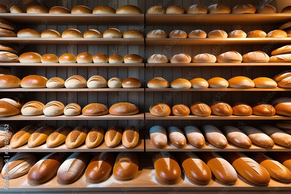 White fresh bread lies on the shelf in the bakery White fresh bread lies on the shelf in the bakery