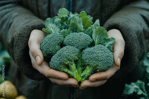 Fresh broccoli held in warm hands surrounded by a cozy atmosphere during autu...