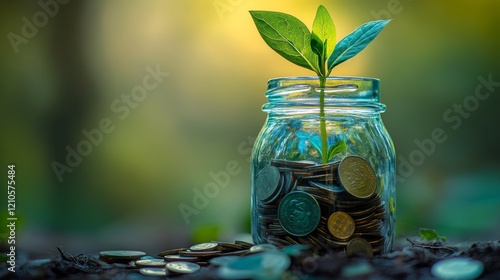 Growing investment in a jar showcasing a plant with coins, symbolizing financ...
